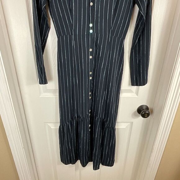Becken Cinched Flare Dress Sz 2 Navy Blue Pinstriped Button Front Silk Dress H3 - Picture 7 of 12